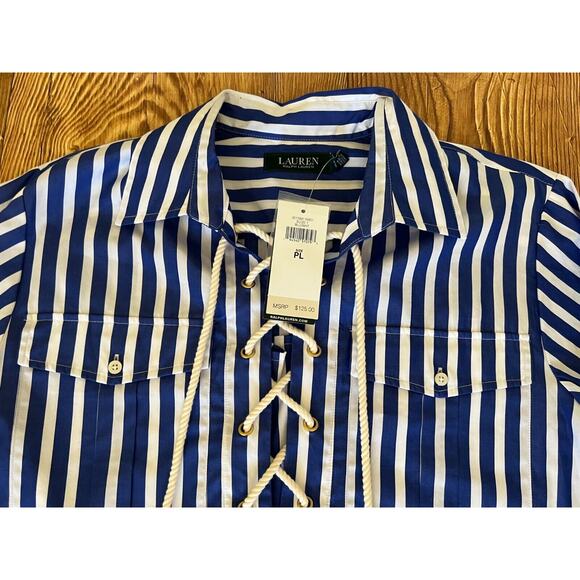Lauren Ralph Lauren Women's Long Sleeve Blue White Stripe Shirt Size PL NWT - Picture 15 of 16